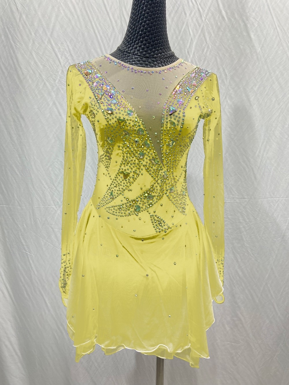 Figure Skating Dress Women's Girls' Ice Skating Dress Outfits Light Yellow Lake Blue Yellow Mesh Spandex High Elasticity Training Competition Skating Wear Patchwork Crystal / Rhinestone Long Sleeve 2025 - $141.99 –P7