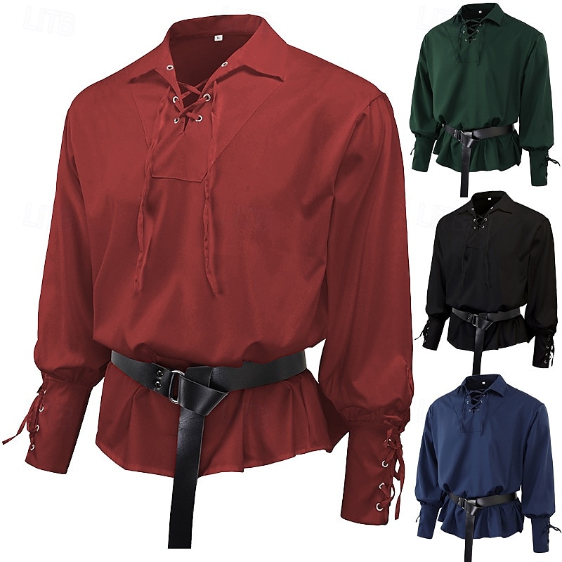 Medieval Renaissance 17th Century Medium Length Blouse / Shirt Cosplay Costume Ren Faire Knight Ritter Celtic Knight Drawstring Solid Color Men's Celtic Pirate Masquerade Casual Daily Renaissance Fair 2025 - $26.99 –P1