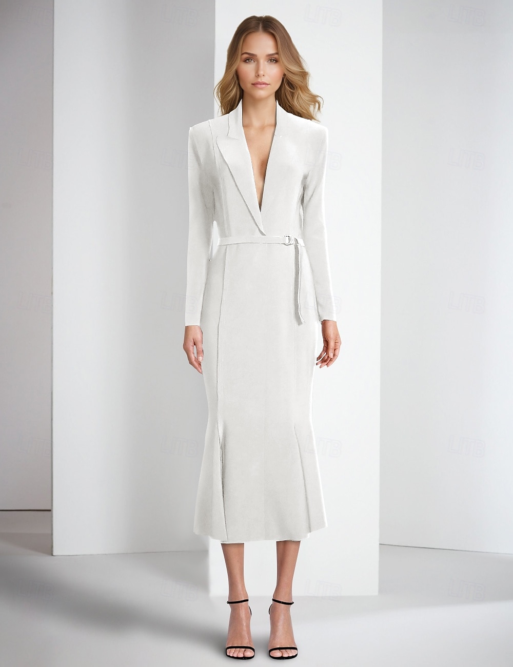Blazer jurk zeemeermin  trompet cocktailjurken elegante jurk tuxedo jurk formele bruiloft enkel lengte lange mouw overhemd kraag zak stretch crêpe met franjes jurken 2025 - $179.99 –P3