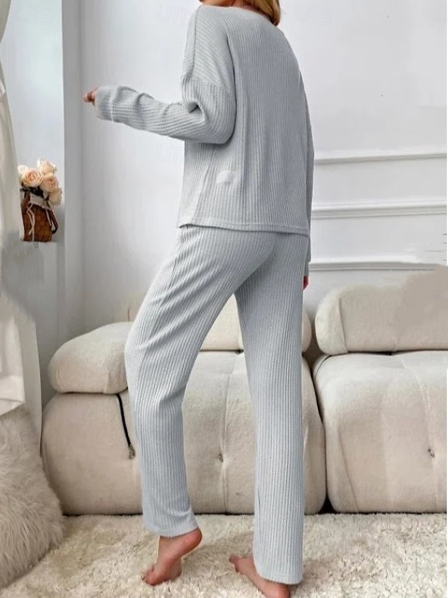 Women's Pajamas Loungewear 2 Pieces Casual Pure Color Patchwork Buttons T Shirt Pant Home Long Sleeve U Neck Black Pink Light Grey Spring Fall Winter Tailored Fit 2026 - $32.99 –P2