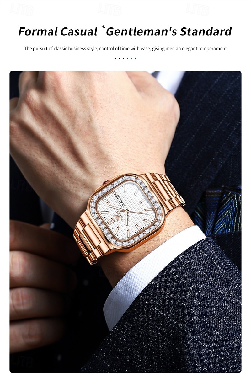 OLEVS miesten tankokello minimalistinen timanttikello muotipuku analoginen kvartsikello miesten kellot suorakulmainen vedenkestävä ruostumaton teräs hohtava päivämääräkello Valentinsdaglahja miehille 2026 - $41.99 –P13