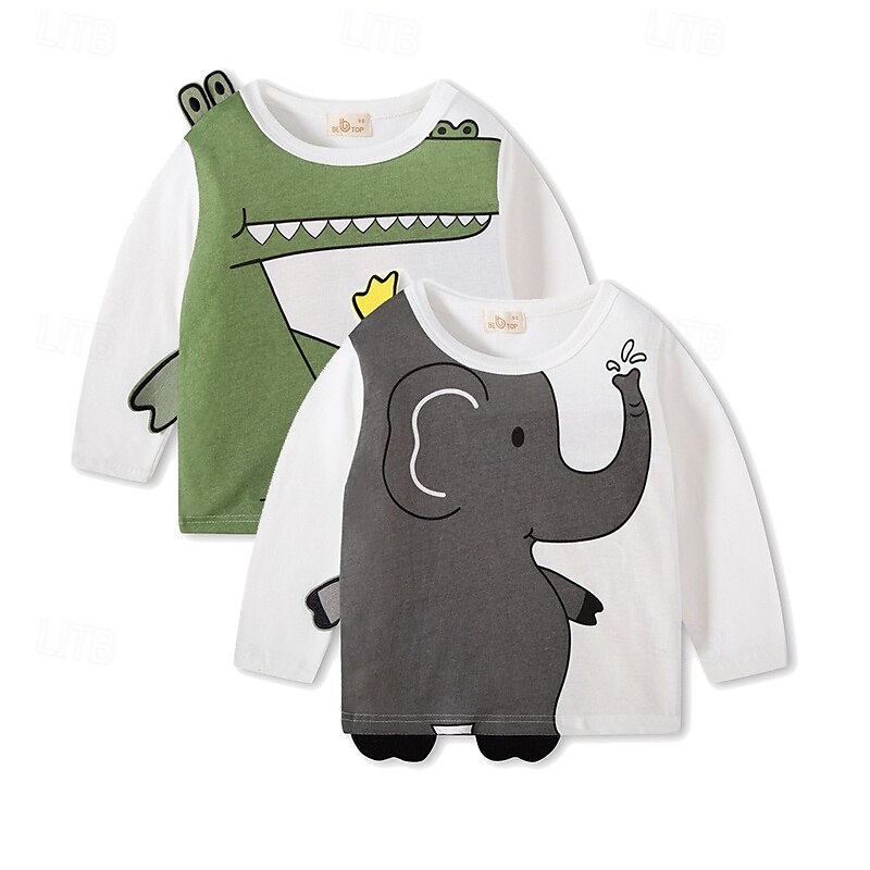 Multipack 2st Pojkar Rund hals Långärmad Grön+Grå T-shirt T-tröja Mönster Grafisk Semester Dagliga kläder 100 % bomull Vår & sommar 2025 - $18.49 –P1