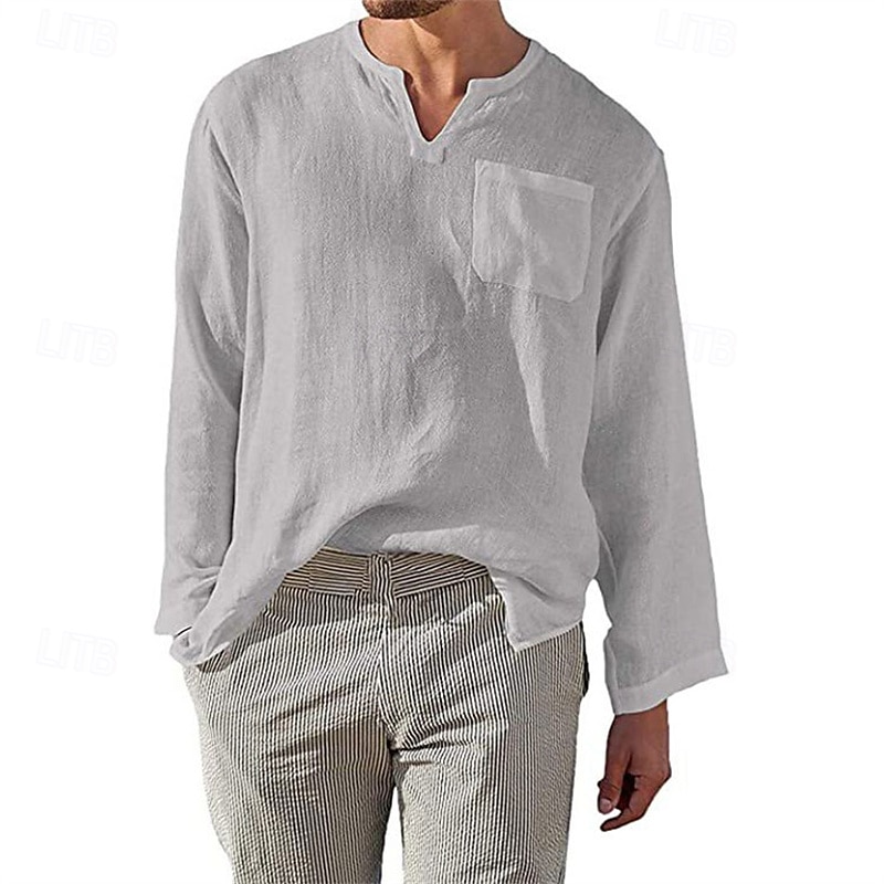 Homme Chemise Chemise Lin Chemise décontractée Plein Vacances Hawaïen Noir Blanche Vert Abricot manche longue Col V Printemps & Automne Vêtement Tenue Poche de 2025 ? $4.99 –P6
