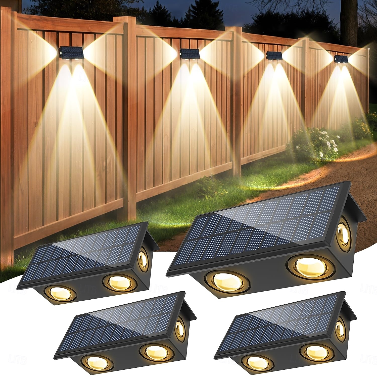 2db kültéri napelemes vízálló fali lámpa - 4 led gerenda udvarra, erkélyre, kerítésre, lépcsőre, ereszre és veranda világítására 2025 - $32.99 –P1