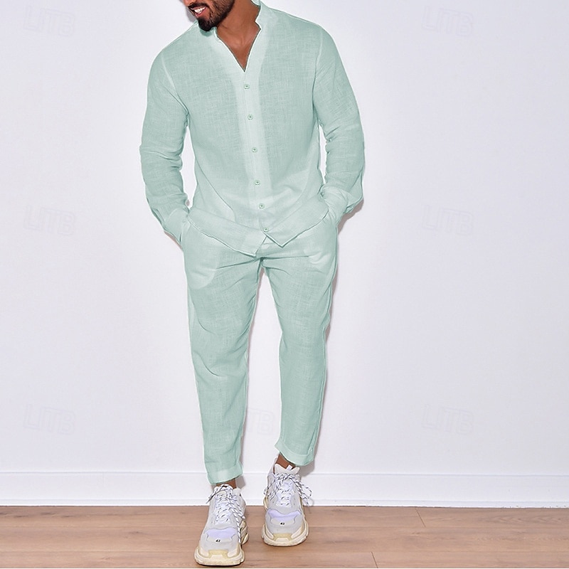 Per uomo 2 pezzi Completo di camicia Camicia estiva Set abbinati Camicia da spiaggia Camicia con bottoni Liscio Da mare Informale Nero Bianco Blu marino Blu Manica lunga Colletto Primavera estate del 2025 a $39.99 –P4
