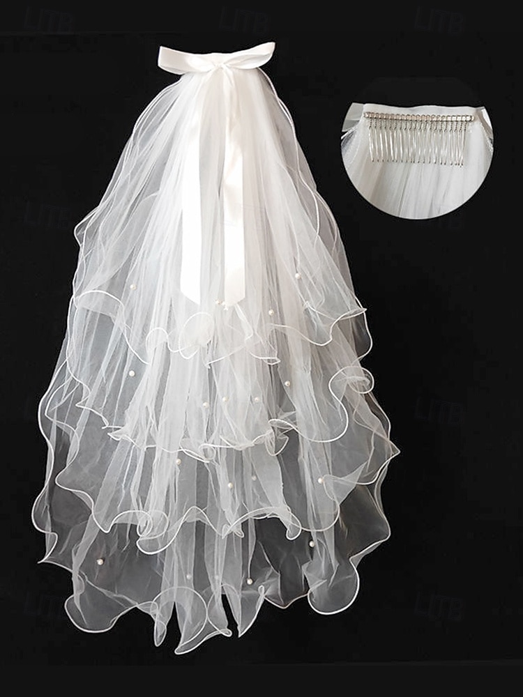 elegante ivoren bruidssluier met satijnen lint - zachte tule en satijnen afwerking perfect voor een dromerige bruiloft 2025 - $9.99 –P14