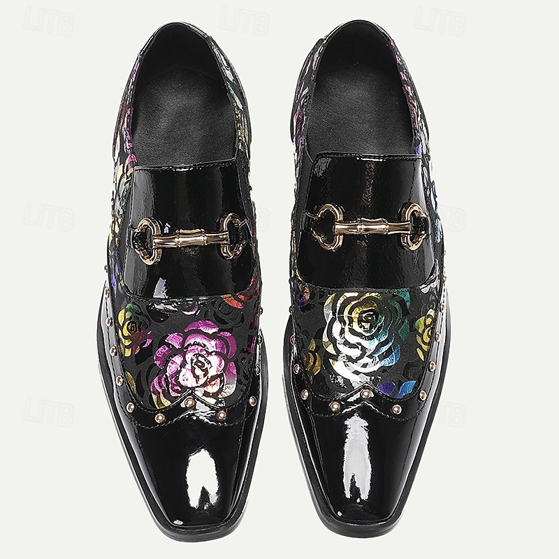 Men's Black Patent Leather Loafers with Gold Tip Floral  and Metal Buckle–Premium Cowhide Formal Shoes for Weddings, Parties, and Special Occasions 2025 - $109.99 –P1
