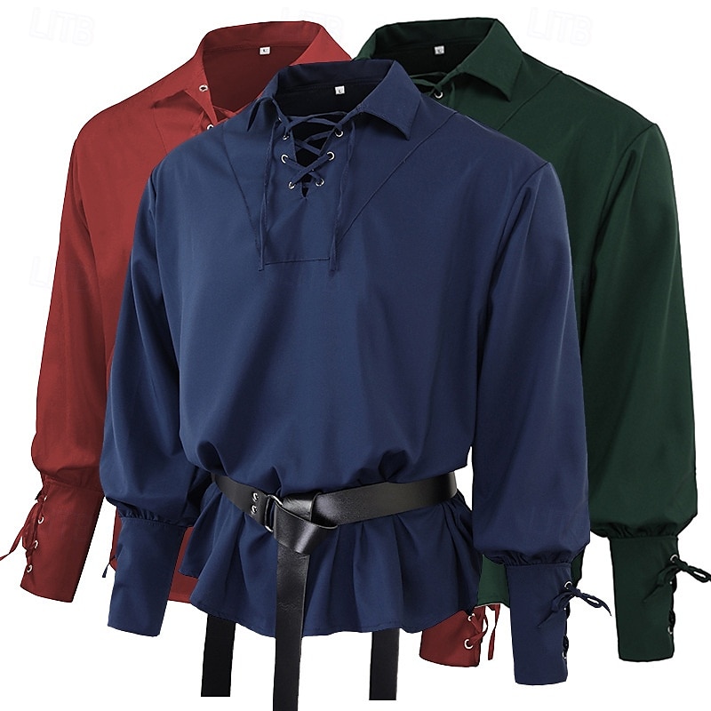 Medieval Renaissance 17th Century Medium Length Blouse / Shirt Cosplay Costume Ren Faire Knight Ritter Celtic Knight Drawstring Solid Color Men's Celtic Pirate Masquerade Casual Daily Renaissance Fair 2025 - $26.99 –P2