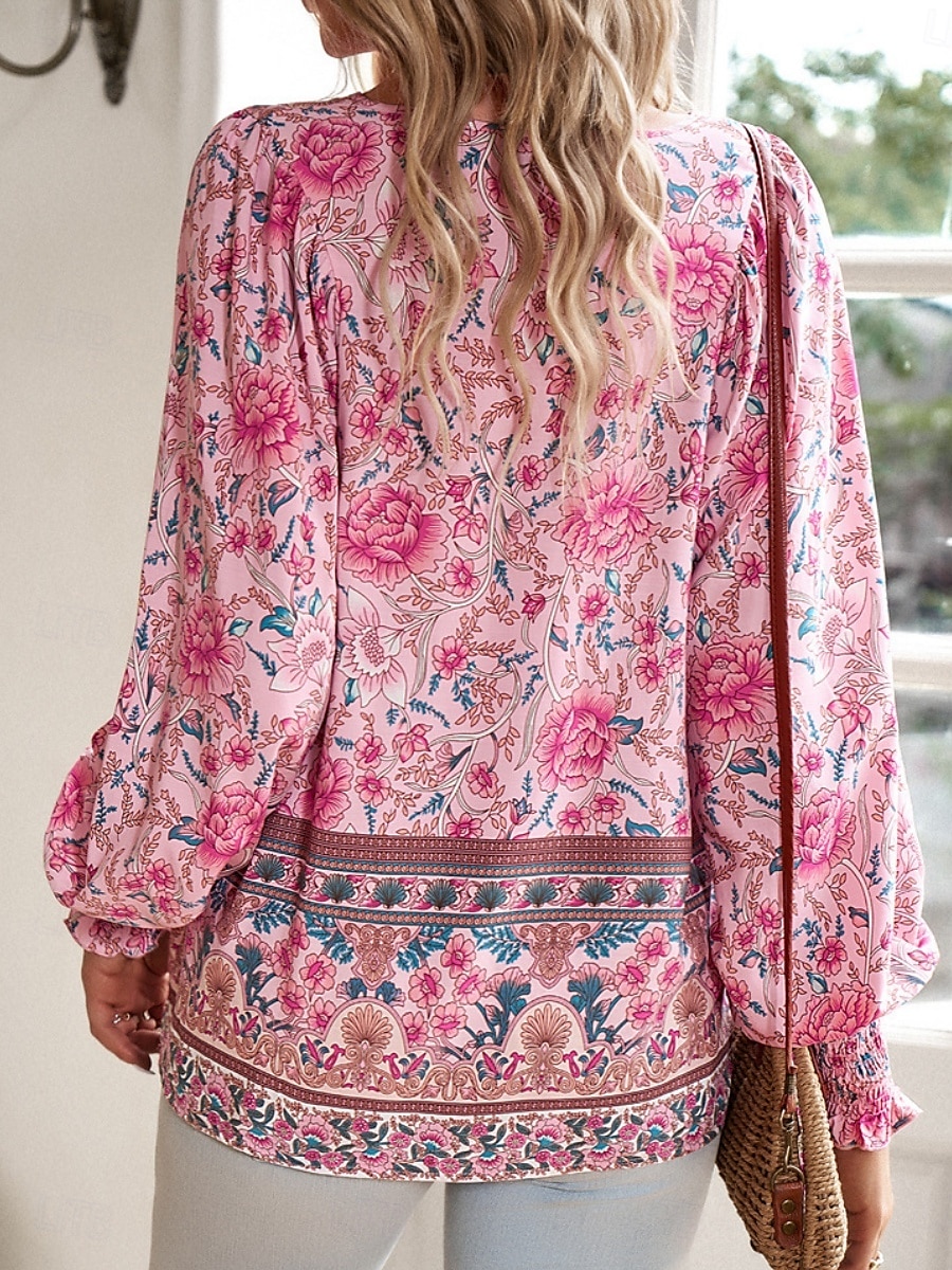 Dame Skjorte Bluse Blomstret Bohem Fritid Langermet V-hals Vanlige topper Daglig Trykt mønster Gul Rosa Navyblå Blå Oransje Sommer Vår Høst 2025 - $29.99 –P4