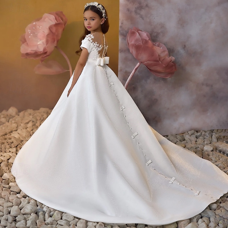 Blumenmädchenkleid Mädchen Kleid für die Erstkommunion Party Kleid Leistung Hochzeit Party Prinzessin Süß Gitter Feste Farbe Ärmellos Schulterfrei Elfenbein Kinder 2025 - $102.99 –P4