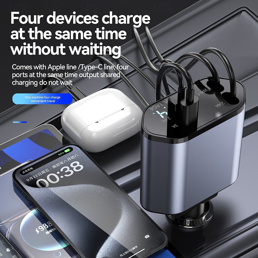Car Charger 4 in 1 100W Car Charger Dual Retractable Type C Cables and 2 USB Ports Car Charger Compatible 2025 - $26.99 –P3