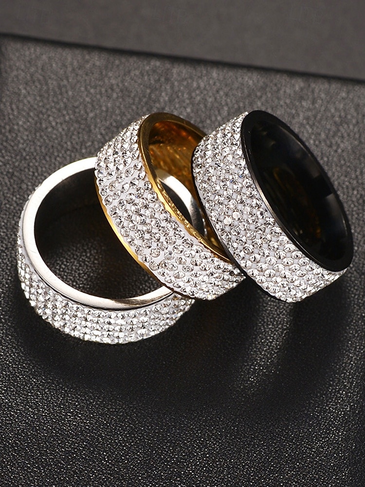 anelli da uomo a fascia larga con pavé di strass, acciaio inossidabile con finiture in oro, argento e nero, gioielli di lusso per feste, matrimoni e occasioni formali del 2025 a $7.99 –P2