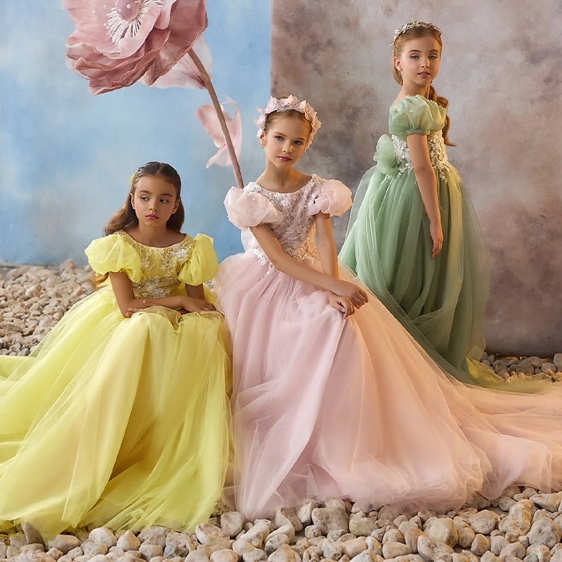 fall color flower girl dresses Kids Green Girls' Satin Party Dress Green Solid Color Wedding Mesh Princess Ballroom Dress, Tulle Dress Flower Girl's Dress Summer Spring Fall 5-6 main image 1