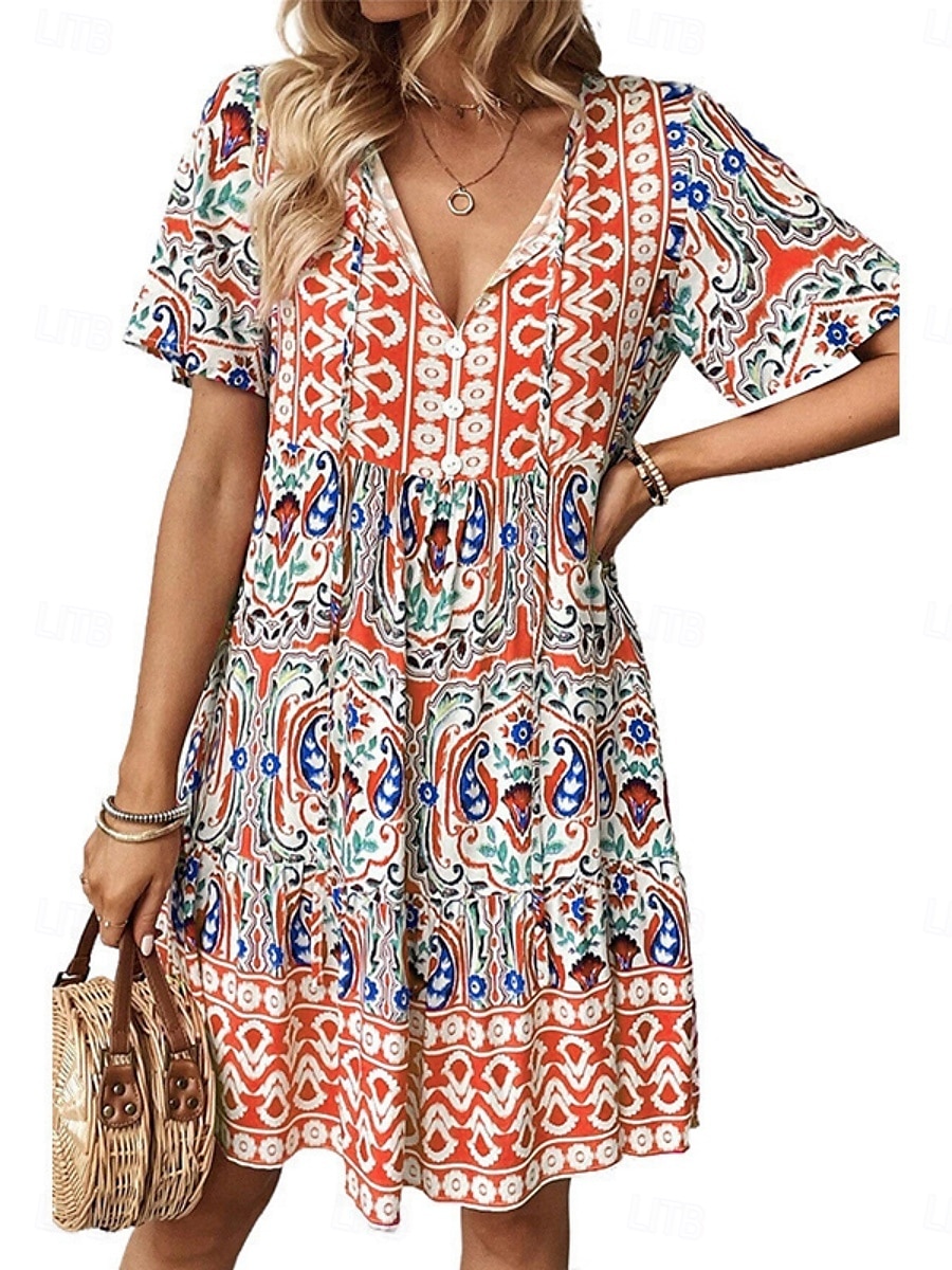 Női Mini ruha hétköznapi ruha Boho elegáns ruhák Boho ruha Csehország aranyos stílus Etno Vakáció Napi Tengerpart Laza öltözet Virágos Grafika Rövid ujjú V-alakú Medence Narancssárga Nyár Tavasz 2025 - $28.99 –P5