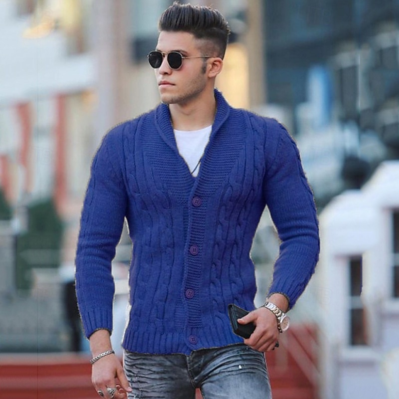 Men's Sweater Cardigan Sweater Fall Sweater Cable Cropped Plain Shawl Collar Fashion Warm Ups Christmas Xmas Clothing Apparel Fall & Winter Wine Red Black S M L 2025 - $27.99 –P5