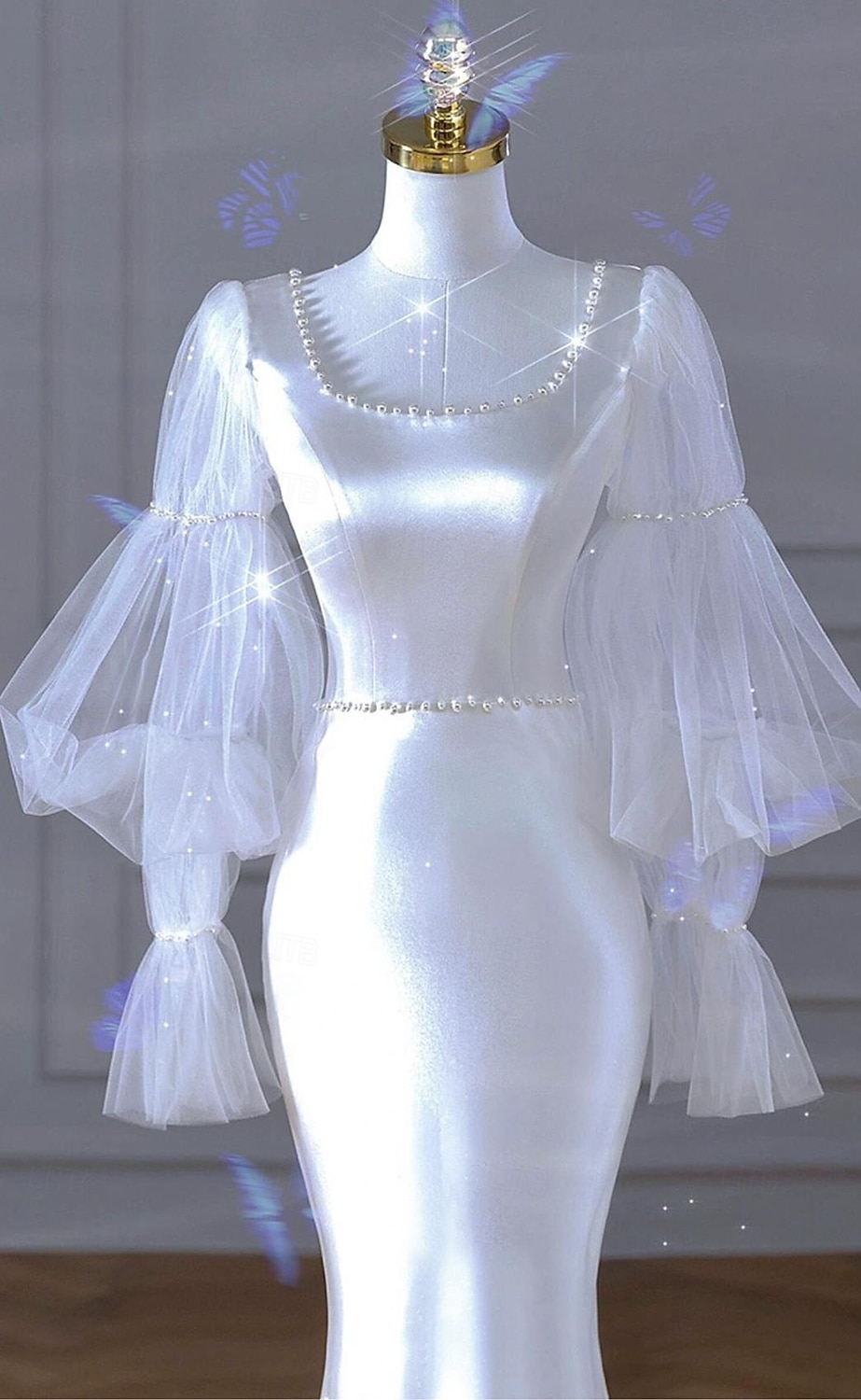 Abiti da Sposa Sirena  Tromba Scollo a Cucchiaio Manica Lunga Coda di Corte in Taffetà Abiti Sposa con Perle del 2025 a $144.99 –P5