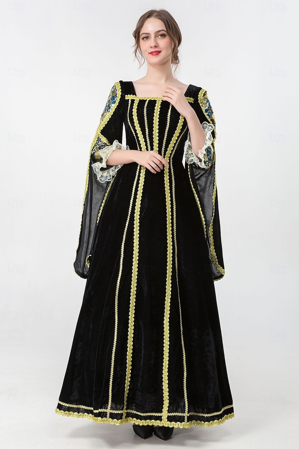 Mittelalterlich Renaissance Vintage-Kleid Maxi Kleid Glockenärmel Königin Wikinger Einfarbig Quadrathals Kostüm Damen königlich Halloween Karneval Maskerade Abschlussball Festival Erwachsene Kleid 2026 - $60.99 –P7
