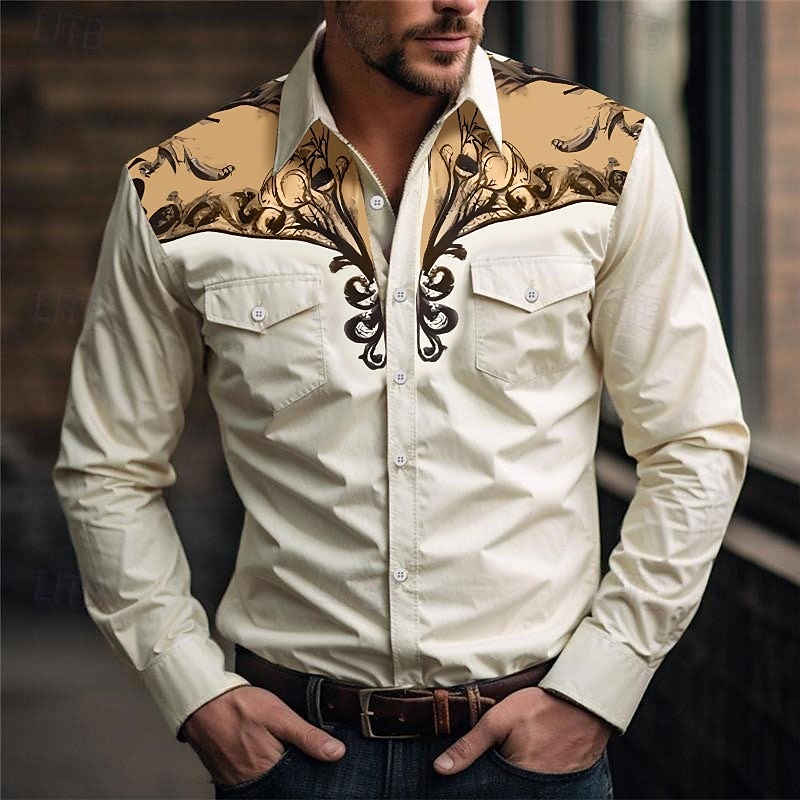 Men's Floral Western Shirt Printed Shirts Long Sleeve Vintage Western Style Daily Wear Going out Weekend Spring & Summer Turndown Pocket Print Button-Down Blue Light Blue White Pink Green 2026 - $31.99 –P6