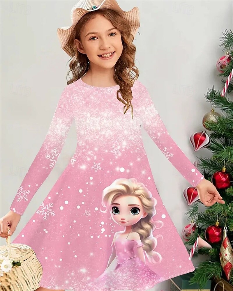 Tyttöjen 3D Kuvitettu Piirretty Lumihiutale Mekko Pitkähihainen Kesä Kevät Loma Päivittäin Pyhäpäivä Prinsessa Kaunis Makea Lapset 4-12 vuotta Rento mekko A linjainen mekko Polvipituinen Normaali 2025 - $16.99 –P1