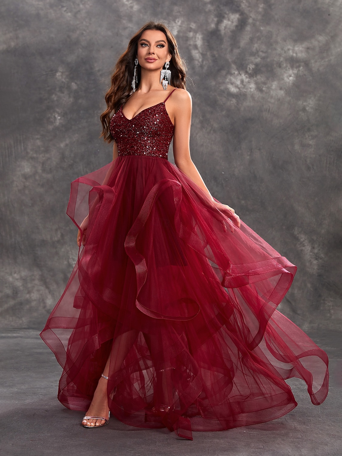 Prom Klänningar A-linje Elegant Klänning Glitter Tyll Formell Bröllopsgäst Golvlängd Ärmlös V-ringad 2024 2025 - $173.99 –P4