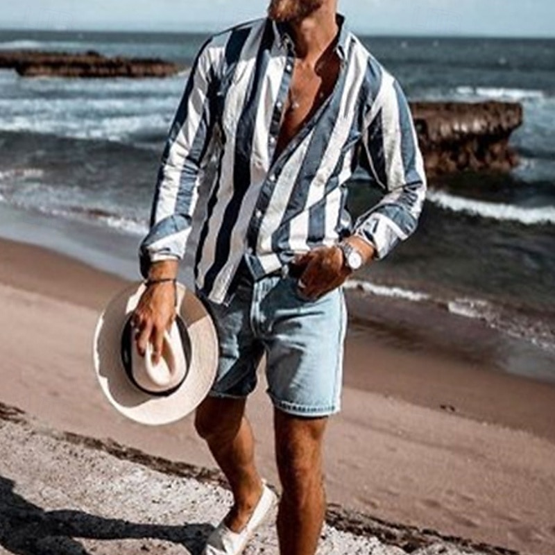 Men's Striped Geometric Pattern Shirt Long Sleeve Sports Fashion Designer Daily Holiday Spring, Fall, Winter, Summer Turndown Button-Down Purple Green Blue-White Gray 2025 - $26.99 –P3