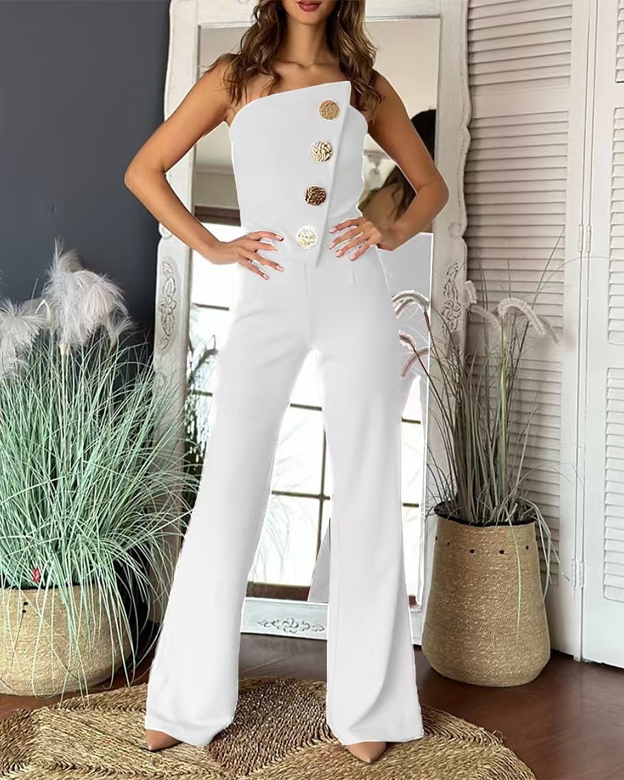 Dames Normaal Jumpsuit Elegant Effen Kleur Mouwloos Breed Been Strapless Knop Dagelijks Normale pasvorm Zwart Wit Rood Zomer 2025 - $36.99 –P1