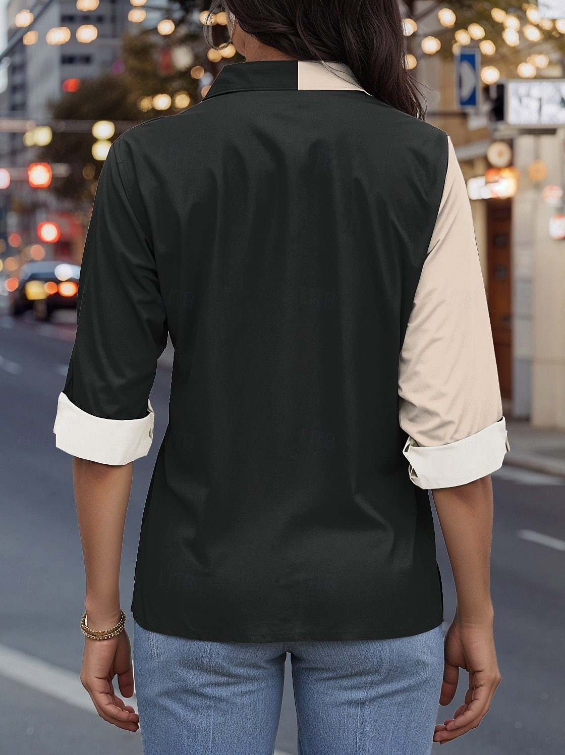 Damen Hemd Farbblock Lässig Langarm Hemdkragen Normale Oberteile Arbeit Täglich Knöpfe Druck Khaki Frühling Herbst Winter 2025 - $32.99 –P3