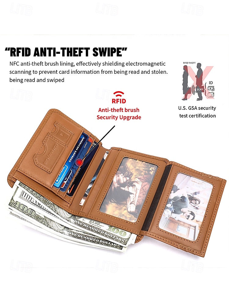 Voor heren Portemonnee Portemonnee met creditcardhouder Leder Koeienhuid Kantoor Casual / Dagelijks Meerdere zakken Grote capaciteit RFID-blokkering Effen Kleur Kleur wrijven Lichtbruin Zwart Bruin 2025 - $24.99 –P4