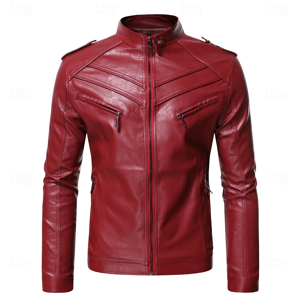 Men's Faux Leather Jacket Transition Jacket Casual Jacket Biker Jacket Casual Thermal Warm Rain Waterproof Faux Fur Trim Fall Pure Color Casual Stand Collar Regular Regular Faux Leather Regular Fit 2025 - $81.99 –P1