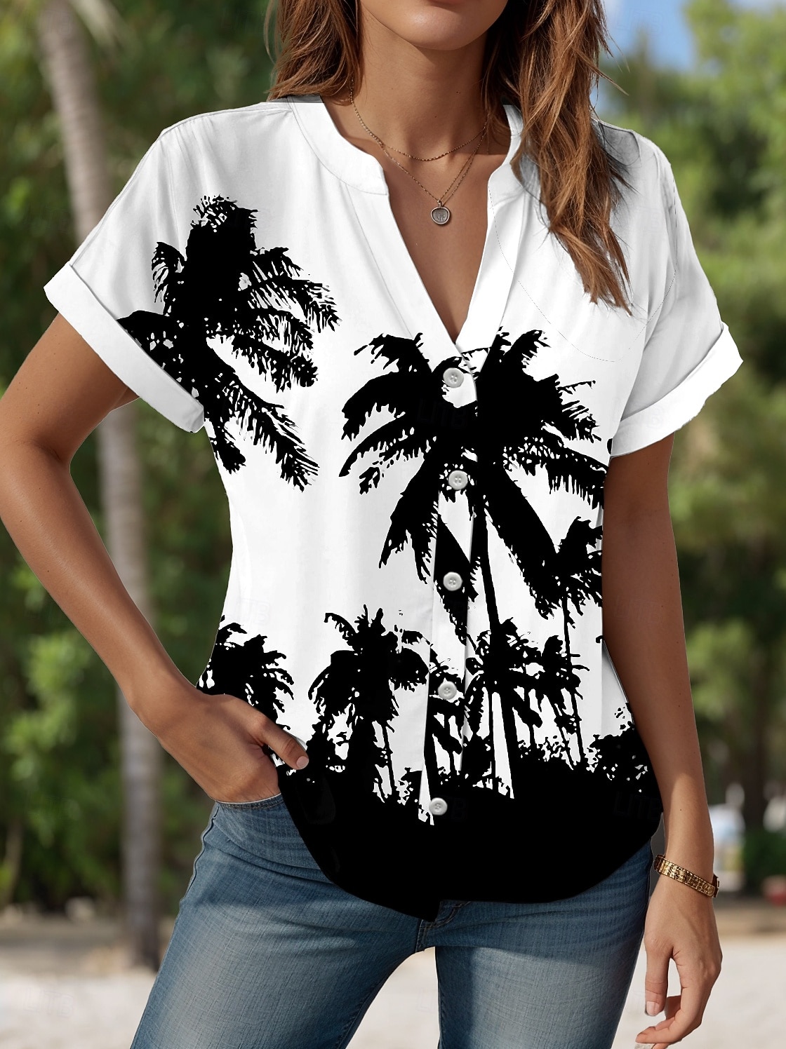 Blusa Feminina V Neck Botão Camisa Havaiana Praia Folha Regular