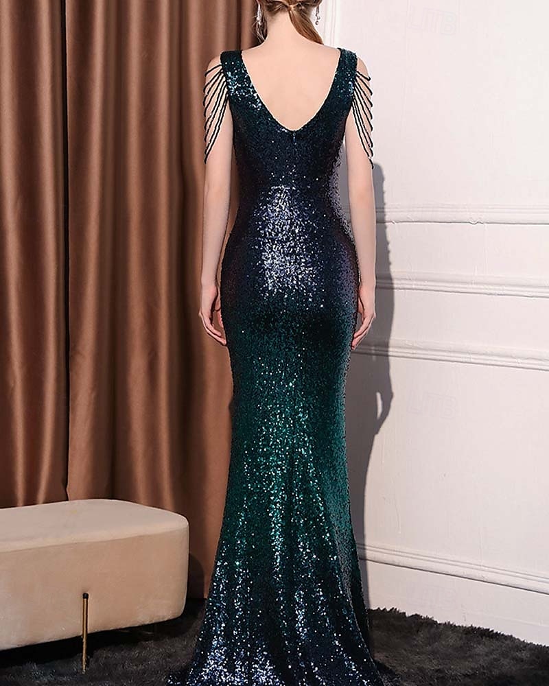 Robe de Prom Sirène  Trompette Sequin Robe de Soirée Ombre Cocktail Formelle Longue au Sol Sans Manches Col en V avec Perles Sequin de 2025 ? $79.99 –P5