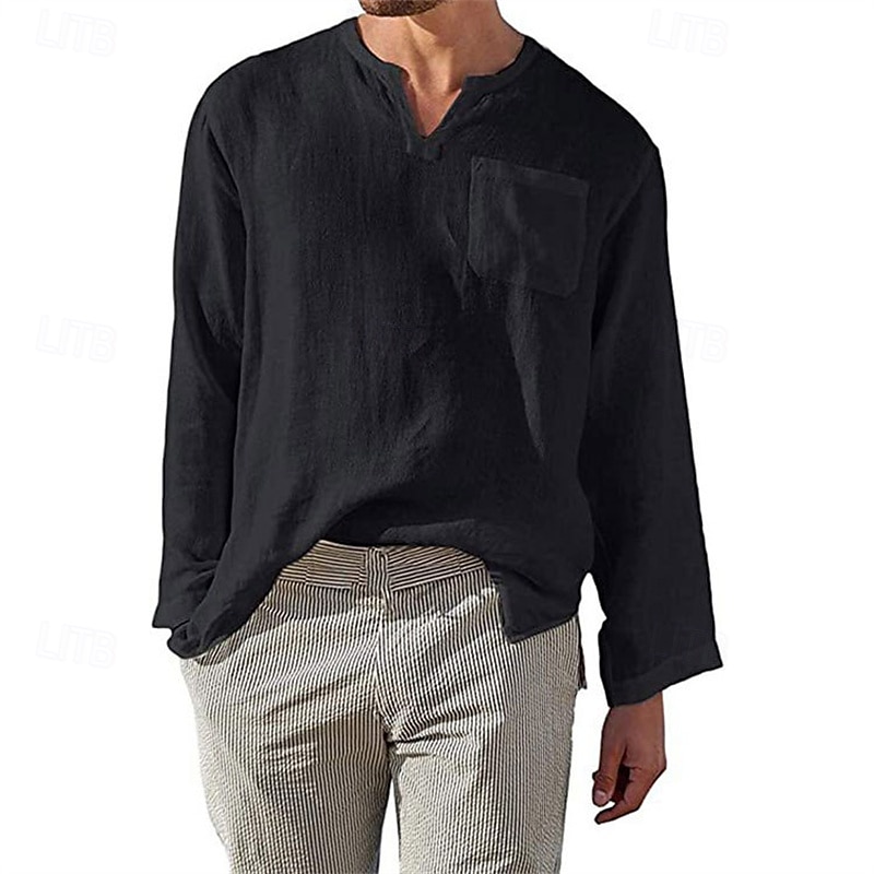 Homme Chemise Chemise Lin Chemise décontractée Plein Vacances Hawaïen Noir Blanche Vert Abricot manche longue Col V Printemps & Automne Vêtement Tenue Poche de 2025 ? $4.99 –P4