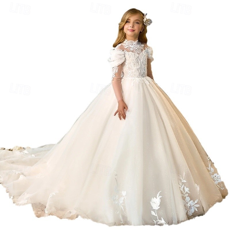 kinderkleidung Mädchen Blumenmädchen Kleid Kleid für die Erstkommunion Party Kleid Feste Farbe Ärmellos Langarm Leistung Hochzeit Party Gitter Prinzessin Süß Gitter Mitte der Wade Etuikleid Tüll-Kleid 2025 - $103.99 –P5