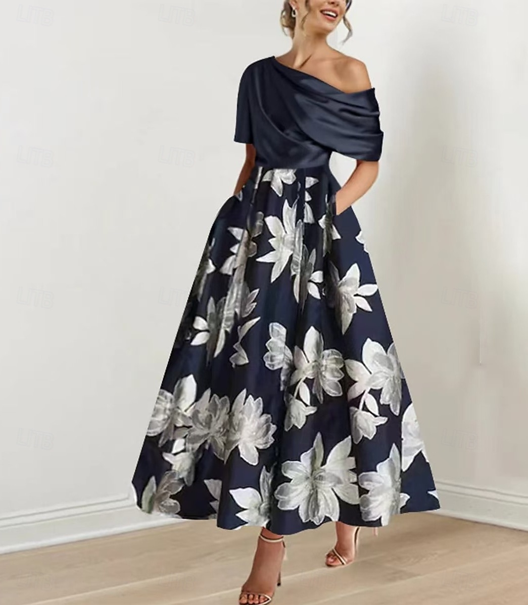 A-Linie Brautmutter Kleid Elegant Off-Shoulder Knöchellang Charmeuse Halblangarm mit Band/Rips-Rennkleid Hochzeitsgastkleid 2025 - $131.99 –P1
