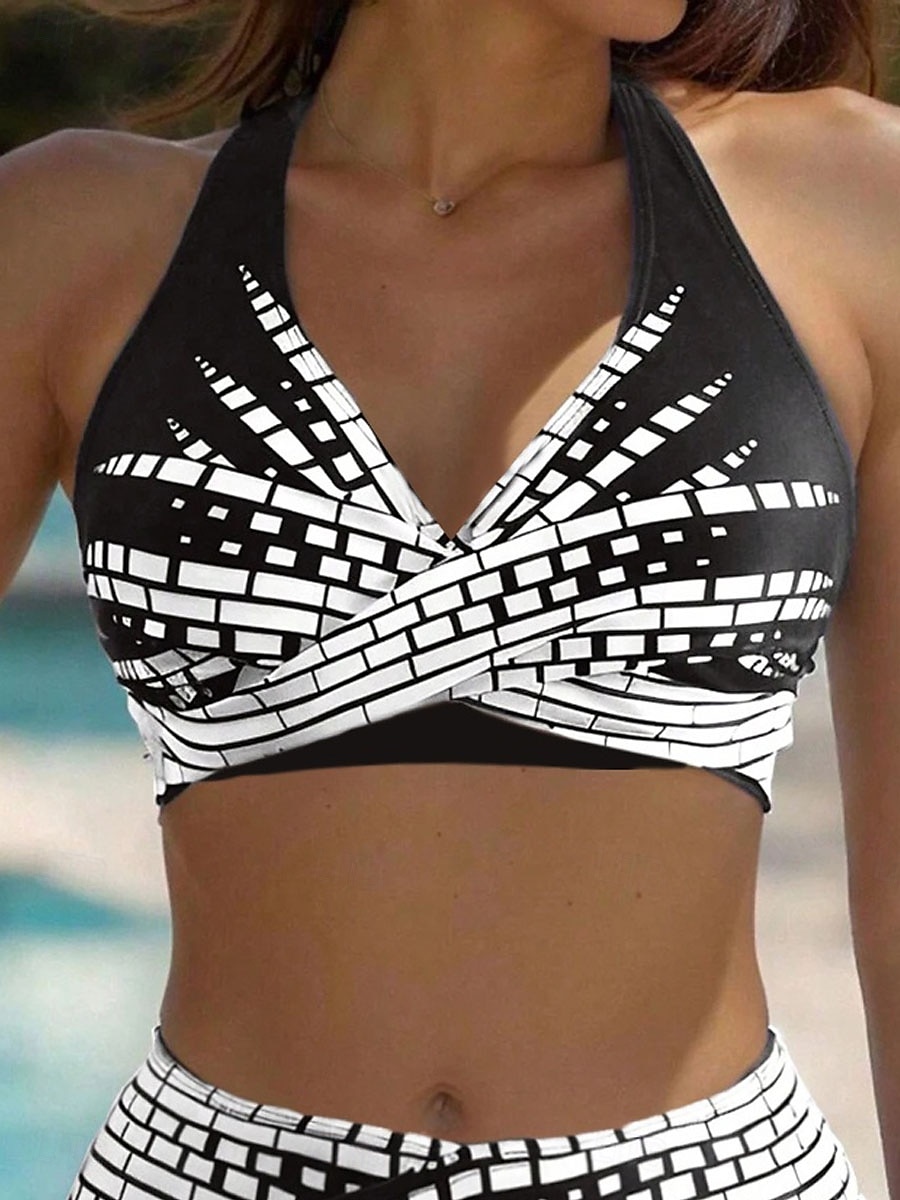 Női fürdőruhák bikini 2 részes pici fürdőruha hátsó nélküli nyaralás tengerparti viselet geometrikus pánt nélküli ujjú fürdőruhák 2025 - $29.99 –P3