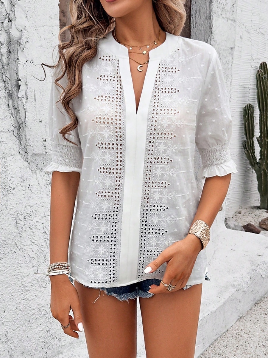 Damen Hemd Bluse Feste Farbe Basic Brautkleider schlicht Halbe Ärmel Gekerbter Hals Normale Oberteile Täglich Bestickt Weiß Rosa Grün Sommer Frühling & Herbst 2025 - $39.99 –P2