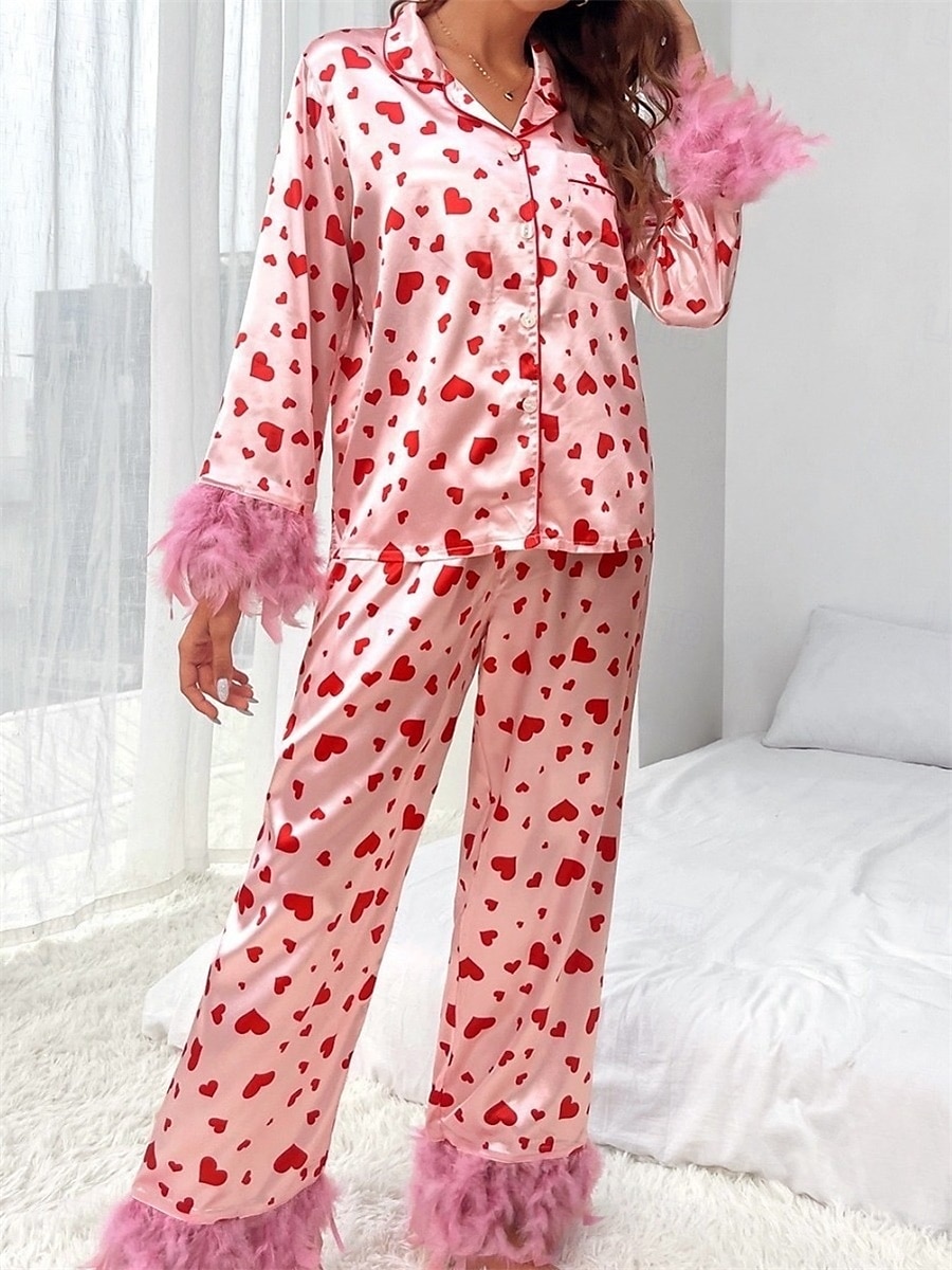 Women's Pajama Set Casual Comfort Heart Elastic Waist Shirt Pant Home Valentine's Day Daily Long Sleeve Shirt Collar Pink Summer Spring Fall Loose Fit 2025 - $57.99 –P1