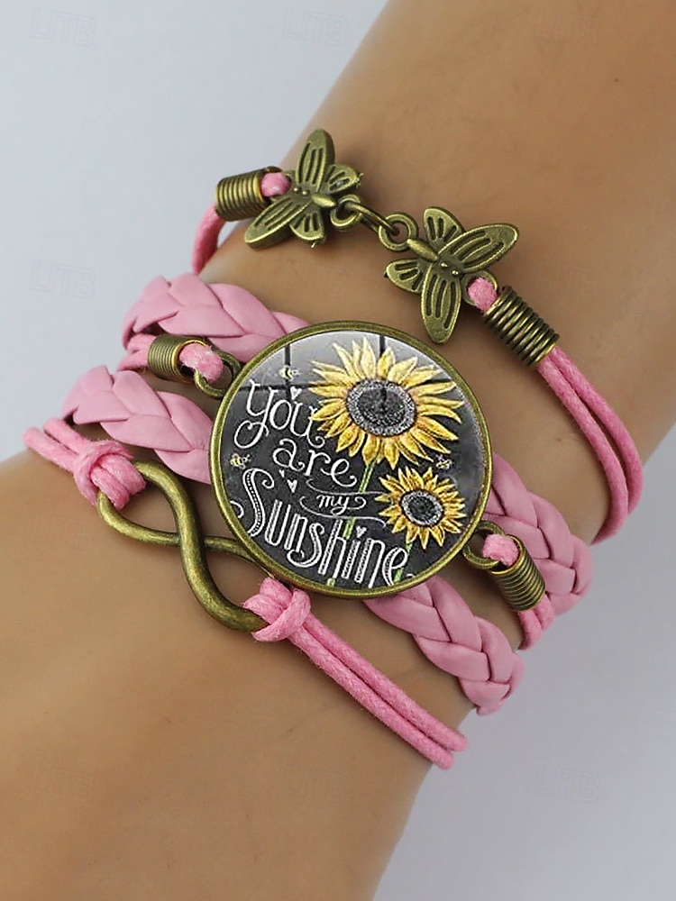 Bracelet en similicuir avec breloque tournesol et motif tressé et citation inspirante – bijoux de style bohème pour femmes, parfaits pour les cadeaux et les tenues décontractées de 2025 ? $7.99 –P5