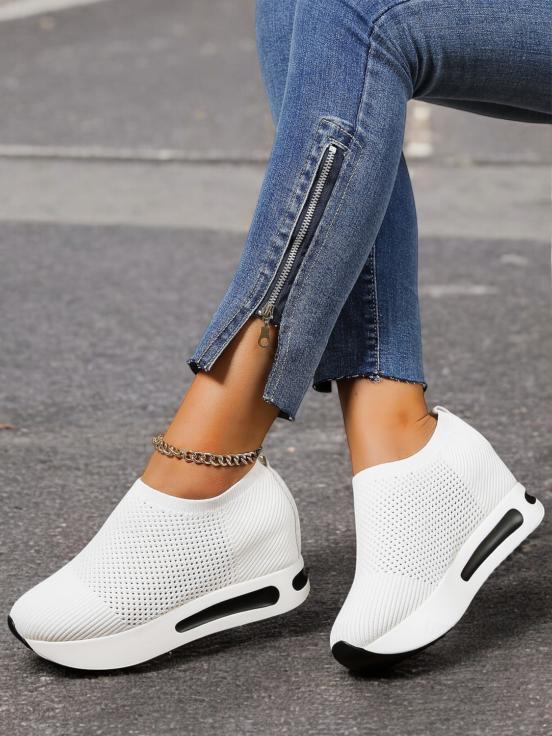 hvite slip-on-strikkede joggesko for kvinner med pustende mesh og skjult hæl - lette fritidssko for turgåing og hverdagsbruk 2025 - $29.99 –P2