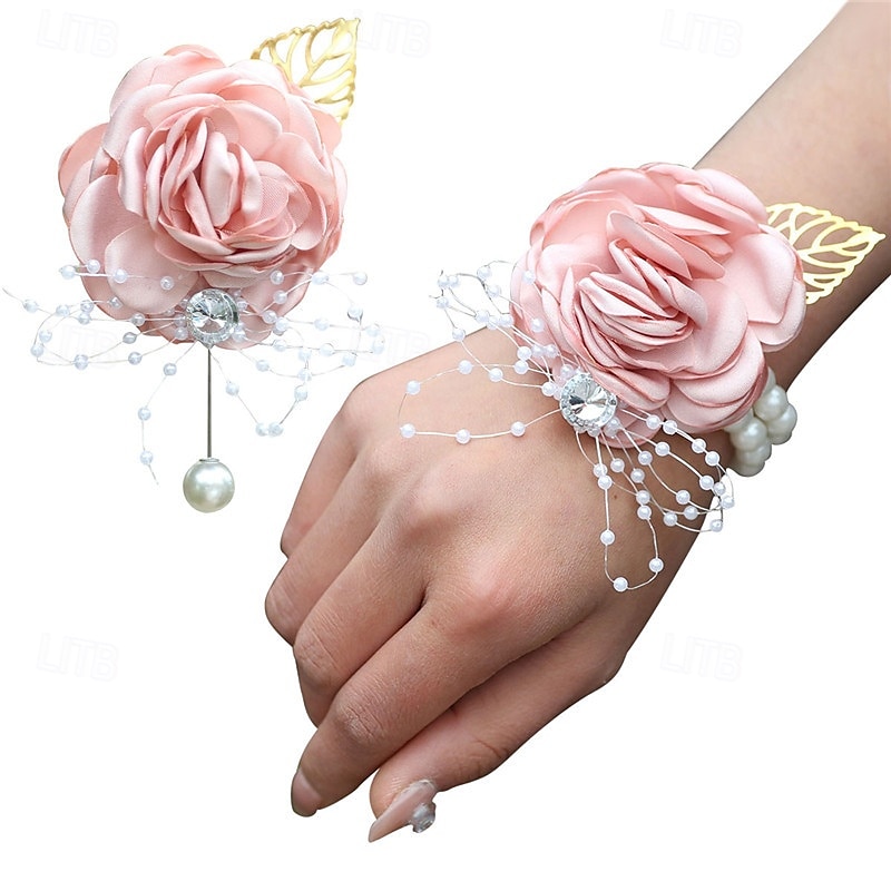 Pachet de 2 set de butoniere pentru încheietura mâinii, trandafir artificial, floare de mătase lucrată manual, pentru flori de nuntă, accesorii, decor costum de bal 2025 - $7.99 –P15