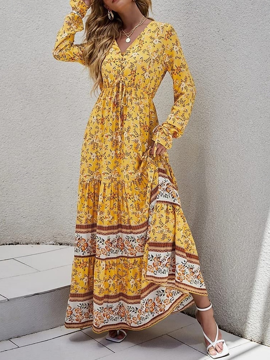 Damen Maxidress Casual kleid Schaukelkleid Langärmliges Boho-Kleid A Linie Kleid Böhmen Brautkleider schlicht Urlaub Täglich Regular Fit Blumen Langarm V Ausschnitt Gelb Rosa Blau Frühling Herbst 2025 - $38.99 –P9