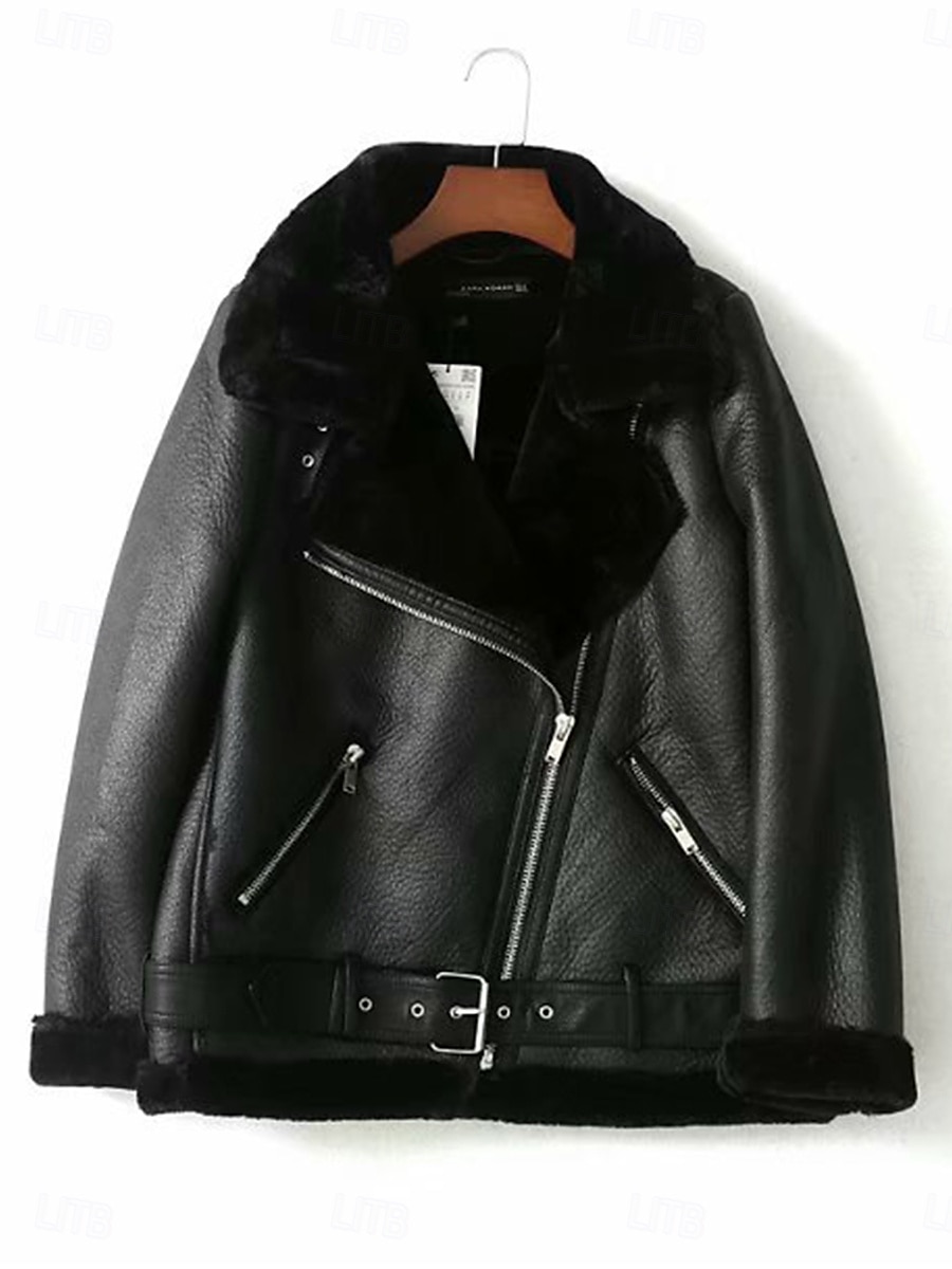 Damen Lederjacke Kunstlederjacke Wintermantel Winterjacke Windundurchlässig warm halten Patchwork Modisch Feste Farbe Strasse Casual Standard Umlegekragen Regular Fit Langarm Oberbekleidung Schwarz 2025 - $104.99 –P4