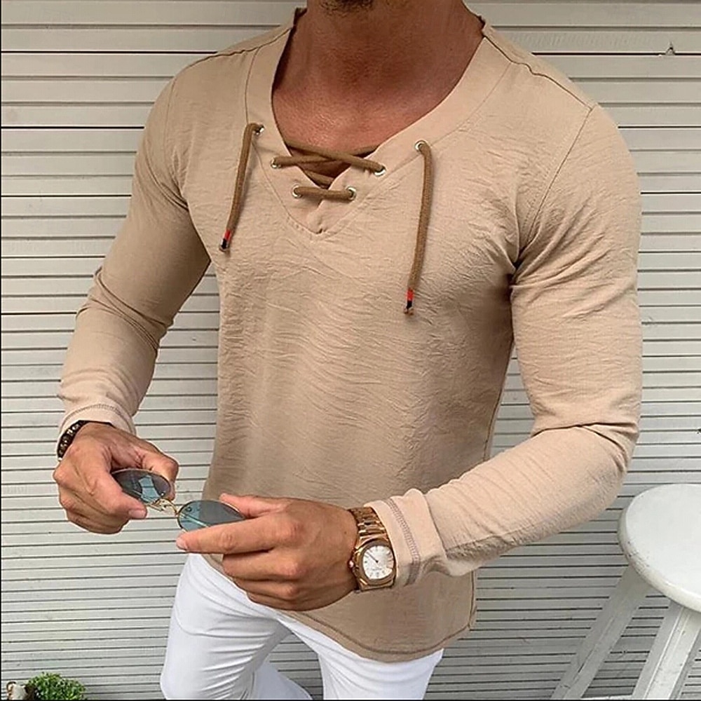 Bărbați Cămașă de in Tricouri Tricou cu maneca lunga Manșon Lung În V Primăvara & toamnă Culoare solidă Casual Cu Șiret Vacanță homewear Alb Top tricou pentru bărbați 2026 - $21.99 –P3