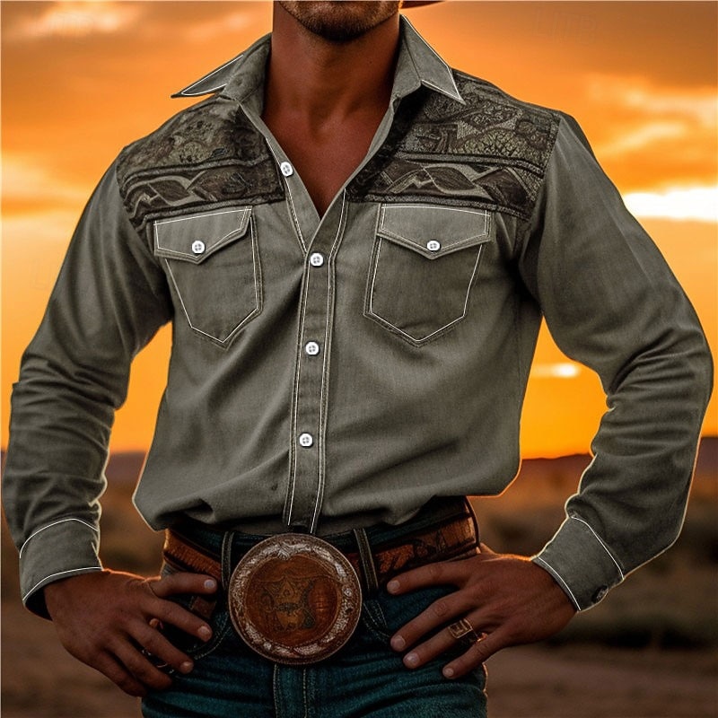 Hombre Tribal Impresión de pañuelo Camisa camisa occidental Manga Larga Camisa Cuello Vuelto Vintage Exterior Calle Casual Diario Rosa Rojo Azul S M L 2026 - $14.49 –P11