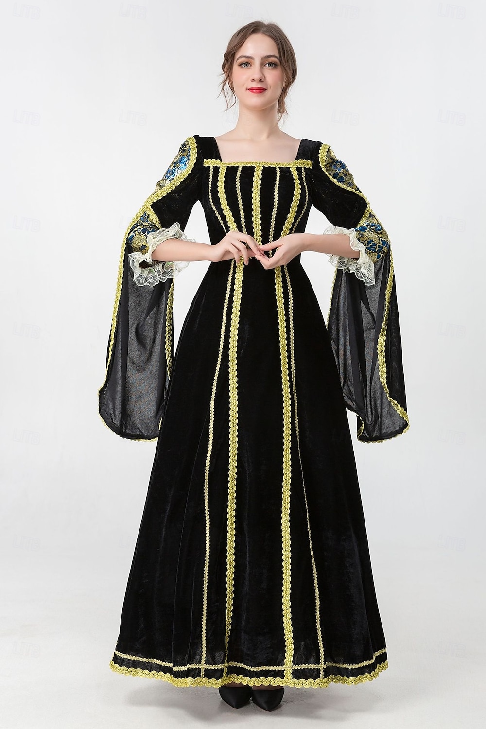 Mittelalterlich Renaissance Vintage-Kleid Maxi Kleid Glockenärmel Königin Wikinger Einfarbig Quadrathals Kostüm Damen königlich Halloween Karneval Maskerade Abschlussball Festival Erwachsene Kleid 2026 - $60.99 –P8