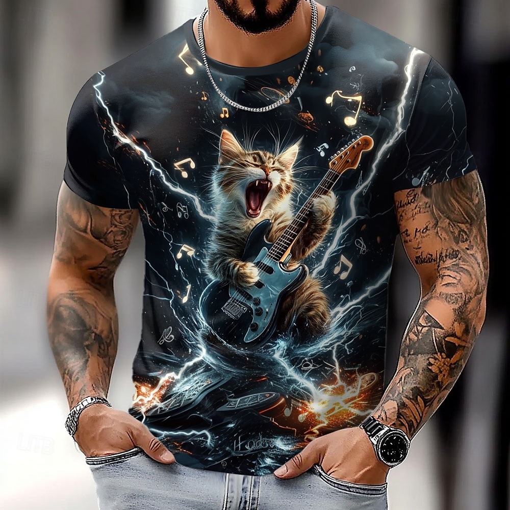 2025年 男性用 猫 おかしい Tシャツ 半袖 Tシャツ 3Dプリント クルーネック シャツ 誇張された デザイナー パーティー 祝日 ブラック 夏 春 衣類 S M L XL XXL XXXL  コレクション – $17.99 –P1