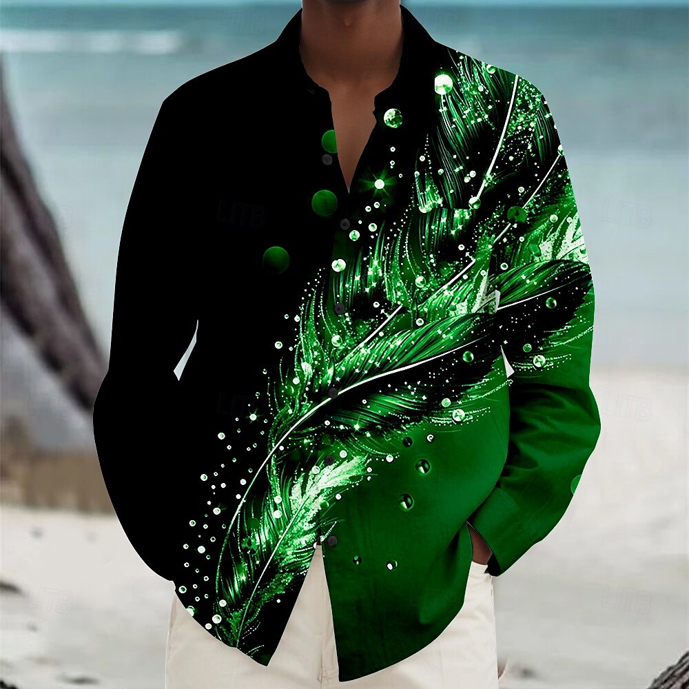 Herren Feder Hawaiihemd Sommerhemd Knopfhemd Aloha-Shirt Langarm Hawaiianisch Urlaub Frühling Herbst Umlegekragen Knopf hoch Violett Blau Grün Pfauenblau 2025 - $26.99 –P4