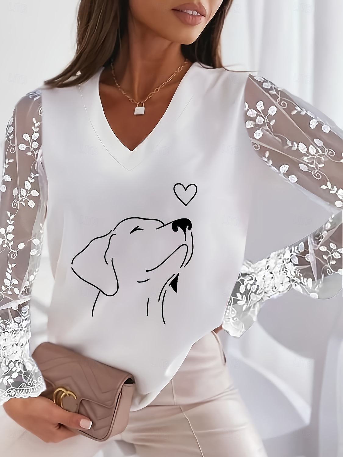 női valentin szív póló csipke toldás felső elegáns divat aranyos szív grafika normál felsők hosszú ujjú lámpás ujjú nyak csipke patchwork rendes fit party valentin nap 2025 - $21.99 –P7