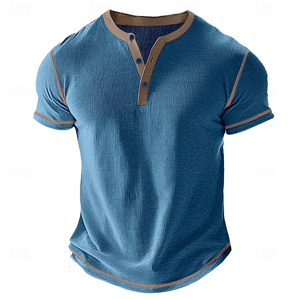 2025年 男性用 ワッフルヘンリーシャツ Tシャツ 半袖 純色 ボタン ヘンリー アウトドア カジュアル 日常 夏 ブラック ホワイト イエロー ヘンリーTシャツ コレクション – $17.99 –P6