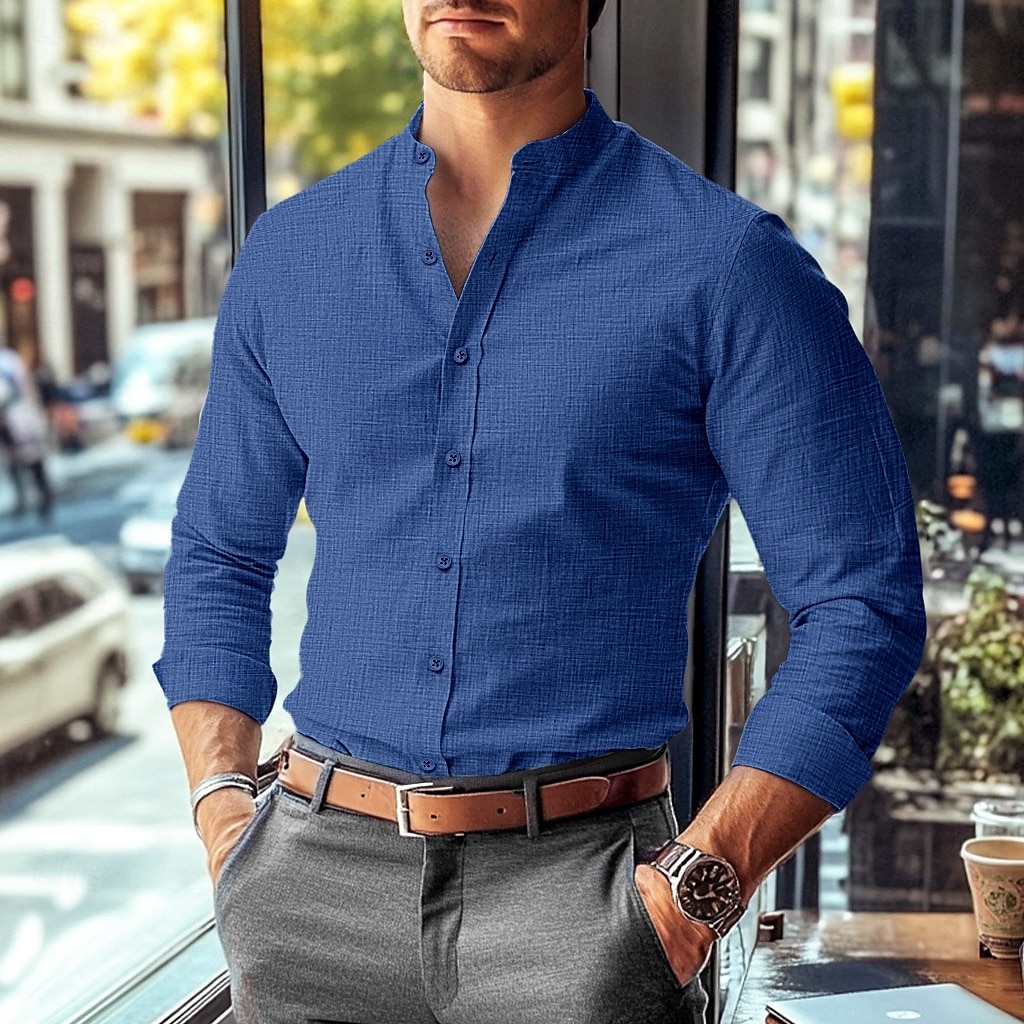 Men's Shirt Band Collar Shirt Summer Shirt Dress Shirt Button Up Shirt Solid Color Work Wear to work Black White Pink Blue Long Sleeve Collar Clothing Apparel 2025 - $27.99 –P6